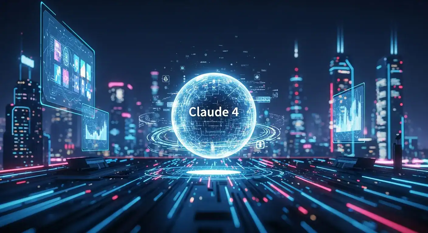 Claude 4 data visualization in a cyberpunk cityscape with glowing data streams and futuristic displays.